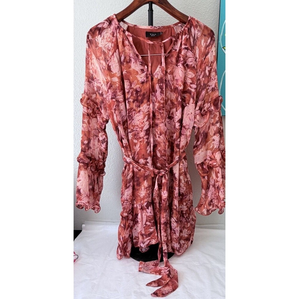 VICI Pink Floral Chiffon Mini Dress S Ruffle Belted Long Sleeve NWOT